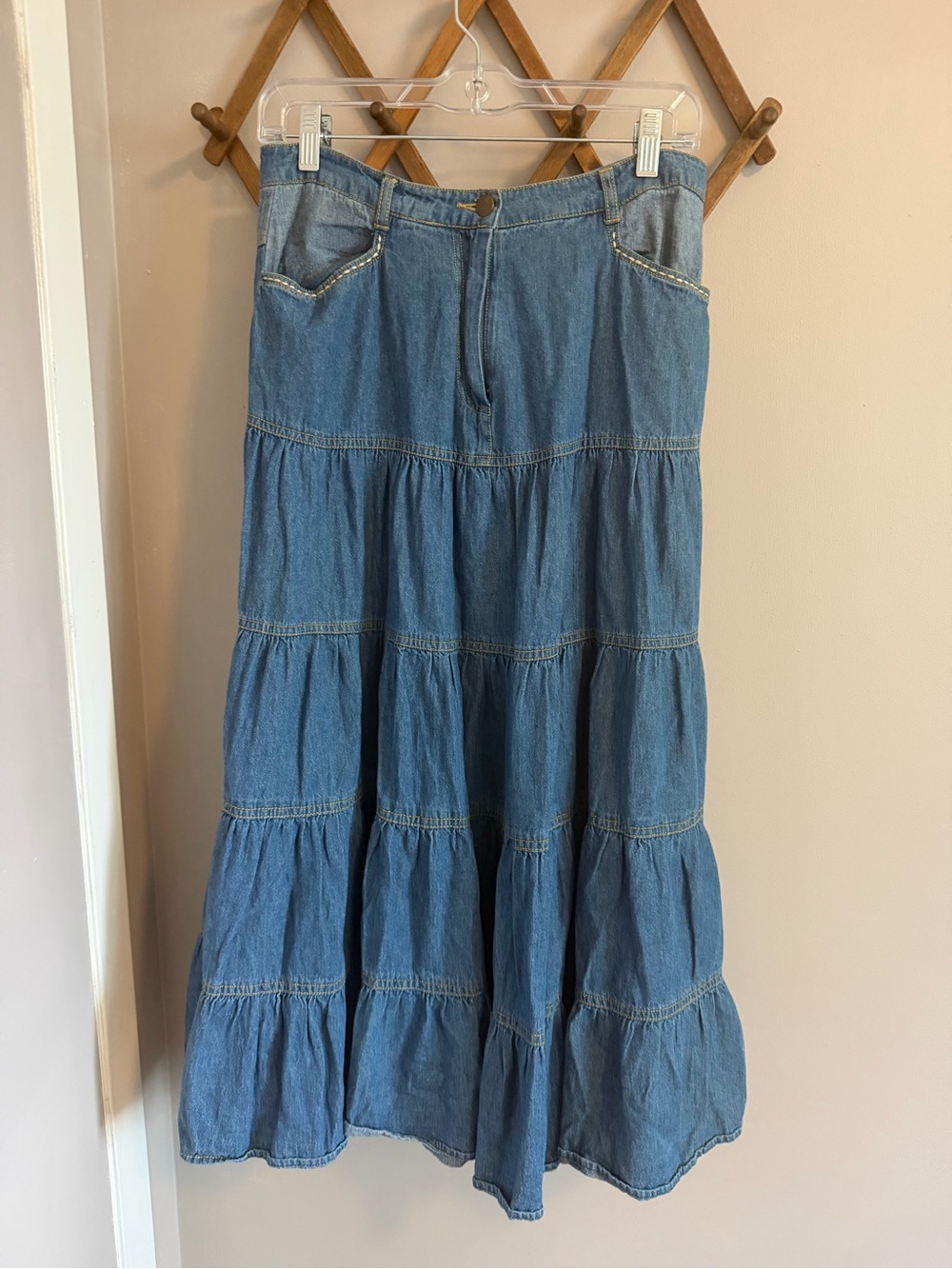 Attitude Vintage Y2K Tiered Denim Prairie Maxi Skirt Cowgirl Blue Petite 6P